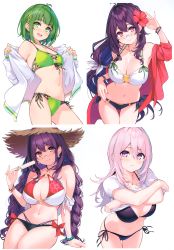 Rule 34 | 4girls, absurdres, arm support, bare shoulders, bikini, black bikini, black hair, bracelet, braid, breasts, closed mouth, cu-no, earrings, fingernails, flower, food, glasses, green bikini, green eyes, green hair, halterneck, hat, head tilt, hibiscus, highres, hisen kaede, holding, jacket, jewelry, kokonoe tamaki, large breasts, lifted by self, lips, long hair, looking at viewer, multiple girls, nail polish, navel, necklace, nonono futaba, off shoulder, open clothes, open mouth, parted lips, pink hair, popsicle, purple eyes, red eyes, scan, shirt, short hair, simple background, smile, stomach, straw hat, swimsuit, t-shirt, thighs, twin braids, twintails, white background, yayoi sakura