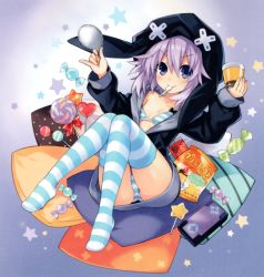 Rule 34 | &gt;:), 10s, 1girl, absurdres, animal hood, blue background, bow, bow bra, bra, candy, d-pad, eating, food, full body, hair between eyes, handheld game console, highres, hood, hoodie, knees together feet apart, lollipop, long sleeves, mouth hold, neptune (neptunia), neptune (series), no pants, no shoes, official art, open clothes, open hoodie, panties, pantyshot, pillow, pinky out, pudding, purple eyes, purple hair, short hair, solo, star (symbol), striped bra, striped clothes, striped legwear, striped panties, striped thighhighs, sweets, swirl lollipop, thighhighs, tsunako, underwear, utensil in mouth, v-shaped eyebrows