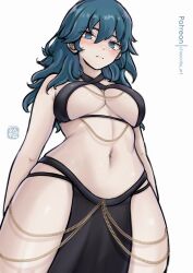 Rule 34 | 1girl, absurdres, bare arms, bare shoulders, blue eyes, blue hair, breasts, byleth (female) (fire emblem), byleth (fire emblem), chascoby, commentary, cowboy shot, criss-cross halter, fire emblem, fire emblem: three houses, halterneck, highres, long hair, medium breasts, navel, nintendo, pelvic curtain, simple background, solo, standing, stomach, white background, yomorio lingerie