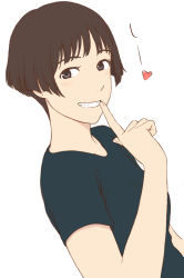 Rule 34 | 1girl, bob cut, breasts, brown eyes, brown hair, gake no ue no ponyo, graphite (medium), jas (littlecrime), lisa (ponyo), looking at viewer, open mouth, shirt, short hair, simple background, smile, solo, traditional media, white background