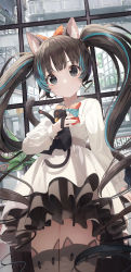 Rule 34 | + +, 1girl, absurdres, animal, animal ear legwear, animal ears, animal ears (norankkori), black cat, black eyes, black hair, blue hair, bow, brown thighhighs, cat, cat ear legwear, cat ears, cat girl, cat tail, closed mouth, collared dress, commentary request, dress, hair bow, highres, huge filesize, indoors, long hair, looking at viewer, multicolored hair, orange bow, original, solo, streaked hair, tail, tail raised, thighhighs, twintails, very long hair, white dress, window
