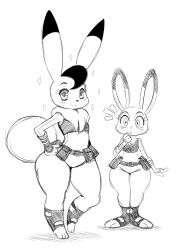 Rule 34 | 2girls, barefoot, black hair, blush, body fur, bokko (wonder three), rabbit, crossover, eric lowery, eyebrows, eyelashes, furry, highres, judy hopps, multiple girls, open mouth, police, police uniform, sketch, smile, thick thighs, thighs, uniform, wide hips, wonder three, zootopia