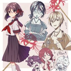 2girls 3boys :d :t black_skirt brown_eyes brown_hair commentary_request covered_eyes crossed_arms dango eating fingernails flower flower_knot food fox_mask from_side hair_ribbon hair_rings hand_on_own_cheek hand_on_own_face holding holding_food holding_skewer imigo_(yotsume_god) jewelry kneehighs kuro_(yotsume_god) looking_at_viewer magatama magatama_necklace mai_sahara mask mask_on_head mizu_(47ssn) mole mole_under_eye multiple_boys multiple_girls neckerchief necklace onigiri open_mouth paper_doll partially_colored pleated_skirt red_neckerchief ribbon shiro_(yotsume_god) simple_background skewer skirt smile socks spider_lily tagata_(yotsume_god) tengu_mask translation_request wagashi white_socks yotsume_god