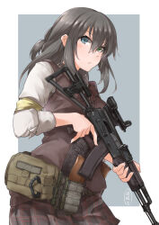 Rule 34 | assault rifle, ayyh, black hair, brown skirt, character request, closed mouth, copyright request, green eyes, gun, hair between eyes, highres, holding, holding gun, holding weapon, long hair, long sleeves, magazine (weapon), military, outside border, pleated skirt, rifle, shirt, skirt, sleeves rolled up, standing, weapon, white shirt
