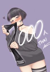 Rule 34 | 1girl, absurdres, aiharararara, armpit crease, black choker, black hair, black thighhighs, blunt bangs, blush, choker, closed mouth, collarbone, commentary, cowboy shot, dutch angle, english commentary, grey shirt, hands up, heart, highres, holding, looking at viewer, mixed-language commentary, mouth hold, multicolored hair, nail polish, off shoulder, original, purple background, purple eyes, purple hair, purple nails, shirt, short hair, signature, simple background, single bare shoulder, solo, streaked hair, thighhighs, thighs, unworn thighhighs
