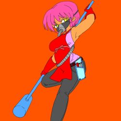 Rule 34 | 1girl, apron, armpits, breasts, cowboy shot, gas mask, gloves, gobori, grey pants, holding, holding mallet, large breasts, leg up, mallet, mask, original, pants, purple hair, red apron, red background, red gloves, short hair, simple background, sleeveless, solo, yellow eyes