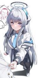 Rule 34 | 1boy, 1girl, absurdres, black pantyhose, blue archive, blue necktie, blush, breasts, closed mouth, collared shirt, commentary request, doodle sensei (blue archive), grey hair, halo, highres, jacket, large breasts, lnji (rnlwls34), long hair, long sleeves, mechanical halo, necktie, noa (blue archive), pantyhose, partial commentary, pleated skirt, purple eyes, sensei (blue archive), shirt, shoes, simple background, skirt, solo focus, white background, white footwear, white jacket, white shirt, white skirt