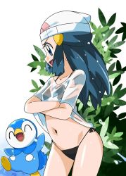 Rule 34 | 1girl, bikini, black bikini, blue eyes, blue hair, breasts, creatures (company), curvy, dawn (pokemon), female focus, game freak, gen 4 pokemon, hainchu, happy, jumping, looking at another, looking back, micro bikini, nintendo, piplup, pokemon, pokemon (anime), pokemon (creature), pokemon dppt (anime), small breasts, smile, swimsuit, thong, water