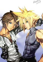 Rule 34 | 1990s (style), 2boys, bad anatomy, bad deviantart id, bad id, blonde hair, blue eyes, breasts, brown hair, cloud strife, dissidia final fantasy, final fantasy, final fantasy vii, final fantasy viii, green eyes, impossible clothes, impossible shirt, jewelry, male focus, multiple boys, muscular, necklace, retro artstyle, scar, shirt, short hair, sleeveless, sleeveless turtleneck, spiked hair, squall leonhart, teddy (khanshin), turtleneck
