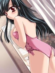 Rule 34 | black hair, dressing room, from behind, green eyes, leotard, long hair, looking back, mirror, non-web source, one-piece swimsuit, red eyes, reflection, solo, swimsuit
