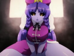 Rule 34 | 1girl, alternate color, alternate eye color, alternate hair color, beret, black bow, black sclera, bow, braid, breasts, colored sclera, commentary request, hair bow, hat, hong meiling, large breasts, leaning forward, long hair, looking at viewer, open mouth, puffy short sleeves, puffy sleeves, purple hair, purple hat, purple skirt, purple vest, shirosato, shirt, short sleeves, side slit, sitting, skirt, skirt set, solo, star (symbol), thick thighs, thighs, touhou, twin braids, v arms, vest, white shirt, yellow eyes