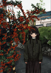 Rule 34 | 1girl, absurdres, arms at sides, black eyes, black hair, black skirt, bush, cardigan, closed mouth, day, expressionless, flower, green cardigan, highres, house, long hair, long skirt, long sleeves, looking to the side, original, outdoors, red flower, road, scenery, skirt, sky, solo, standing, stone wall, street, uniunimikan, utility pole, white sky