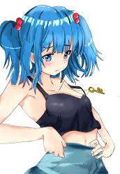 Rule 34 | 1girl, armpits, black shirt, blue eyes, blue hair, blue skirt, breasts, expressionless, hair ornament, hands on own hips, jewelry, kawashiro nitori, key, key necklace, medium breasts, necklace, shirt, sketch, skirt, small breasts, solo, tank top, touhou, touhourennsyuu, white background