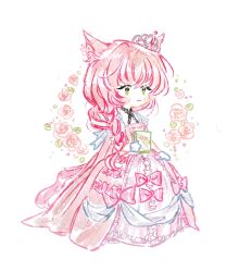 Rule 34 | 1girl, animal ear fluff, animal ears, blush stickers, book, bow, braid, cape, cat ears, cat tail, chibi, closed mouth, commentary request, dress, dress bow, eyelashes, flower, frilled dress, frills, frown, gloves, green eyes, highres, holding, holding book, korean commentary, leaf, long dress, long hair, looking ahead, mini tiara, original, petals, pink bow, pink cape, pink dress, pink flower, pink hair, pink rose, ribbon, rose, saelah andlus, short sleeves, simple background, single braid, solo, tail, tiara, white background, white gloves, white headwear, white ribbon, white sleeves