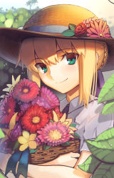 Rule 34 | 1girl, alternate costume, artoria pendragon (all), artoria pendragon (fate), basket, blonde hair, blue neckwear, blue ribbon, boa (brianoa), braid, casual, closed mouth, fate/stay night, fate (series), flower, flower basket, french braid, green eyes, hair between eyes, hair ribbon, hat, highres, holding, leaf, looking at viewer, hugging object, outdoors, pink flower, plant, red flower, red rose, ribbon, rose, saber (fate), shirt, short hair, smile, solo, sun hat, twitter username, white shirt, yellow flower