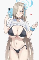 Rule 34 | 1girl, absurdres, asuna (blue archive), bikini, black bikini, black choker, blonde hair, blue archive, blue eyes, breasts, cellphone, chagama teishoku, choker, clothes lift, grin, hair over one eye, halo, highres, holding, holding phone, large breasts, long hair, mole, mole on breast, navel, phone, scrunchie, selfie, shirt lift, simple background, skindentation, smartphone, smile, solo, stomach, swimsuit, very long hair, white background, wrist scrunchie