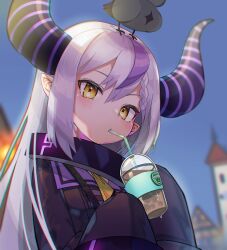 Rule 34 | 1girl, absurdres, ahoge, animal, animal on head, ascot, bird, bird on head, black horns, bongnom, braid, braided bangs, collar, crow (la+ darknesss), cup, disposable cup, drinking, drinking glass, grey hair, highres, holding, holding cup, hololive, horns, la+ darknesss, la+ darknesss (1st costume), long hair, looking at viewer, metal collar, multicolored hair, on head, pointy ears, purple hair, sleeves past fingers, sleeves past wrists, streaked hair, striped horns, virtual youtuber, yellow ascot, yellow eyes