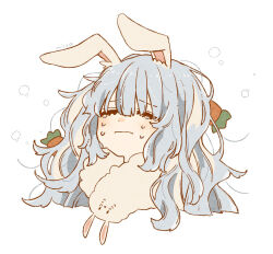 1girl animal_ears artist_name blue_hair carrot_hair_ornament closed_eyes commentary_request cropped_torso crying don-chan_(usada_pekora) food-themed_hair_ornament fur_scarf hair_ornament highres hololive long_hair messy_hair multicolored_hair rabbit_ears simple_background solo streaked_hair traum38 usada_pekora virtual_youtuber white_background