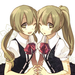 Rule 34 | 2girls, ;d, brown eyes, brown hair, cheek-to-cheek, heads together, hijiri (resetter), long hair, looking at viewer, multiple girls, one eye closed, open mouth, original, parted lips, ponytail, school uniform, siblings, sisters, smile, twins, twintails