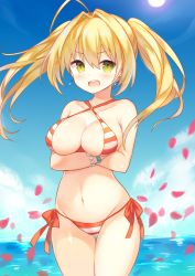 Rule 34 | 10s, 1girl, :d, ahoge, bare arms, bare legs, bare shoulders, bikini, blonde hair, blue sky, blush, bracelet, breast hold, breasts, cleavage, cloud, cloudy sky, collarbone, commentary request, cowboy shot, criss-cross halter, crossed arms, day, earrings, eyelashes, fate/extra, fate/grand order, fate (series), gluteal fold, green eyes, groin, hair between eyes, hair intakes, halterneck, highres, jewelry, large breasts, legs together, long hair, looking at viewer, medium breasts, narusegawa riko, navel, nero claudius (fate), nero claudius (fate) (all), nero claudius (swimsuit caster) (fate), ocean, open mouth, outdoors, petals, rose petals, side-tie bikini bottom, sidelocks, sky, smile, solo, standing, stomach, striped bikini, striped clothes, sun, swimsuit, teeth, thigh gap, twintails, underboob, upper teeth only, water