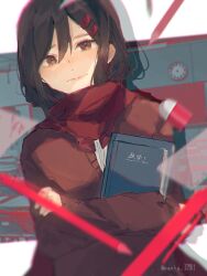 Rule 34 | 1girl, blurry, book, bow, bowtie, brown cardigan, brown eyes, brown hair, cardigan, ceiling, chalkboard, classroom, clock, closed mouth, depth of field, desk, enpera, eraser, hair between eyes, hair ornament, hairclip, holding, holding book, indoors, kagerou project, long sleeves, looking at viewer, math, mekakucity actors, nervous, hugging object, pen, red bow, red bowtie, red scarf, scarf, school desk, shirt, shunu tabetai, solo, sweat, tateyama ayano, textbook, translated, upper body, wall clock, white shirt