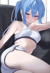 Rule 34 | 1girl, :o, armpit peek, ass, blue eyes, blue hair, blush, breasts, clothes lift, couch, cowboy shot, dot nose, fawny, from side, gym shorts, hair between eyes, half updo, highres, hololive, hoshimachi suisei, indoors, legs together, long hair, looking at viewer, lying, navel, on couch, on side, open mouth, ponytail, short shorts, shorts, sidelocks, small breasts, solo, sports bra, sports bra lift, stomach, thighs, virtual youtuber, white shorts, white sports bra
