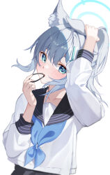 Rule 34 | 1girl, absurdres, animal ears, black sailor collar, blue archive, blue eyes, blue halo, blue neckerchief, blush, breasts, cross hair ornament, ederh, grey hair, hair ornament, halo, highres, long sleeves, looking at viewer, medium breasts, neckerchief, open mouth, sailor collar, shiroko (blue archive), simple background, solo, upper body, white background, wolf ears