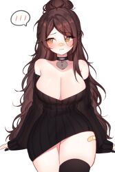 Rule 34 | 1girl, arm support, bandaid, bandaid on face, bandaid on nose, bandaid on thigh, bare shoulders, black choker, black dress, black nails, black thighhighs, blush, breasts, brown eyes, brown hair, choker, cleavage, closed mouth, collarbone, cowboy shot, curvy, dress, hair bun, heart, heart in eye, heart pendant, highres, invisible chair, large breasts, leaning back, long hair, long sleeves, looking to the side, messy hair, off-shoulder dress, off shoulder, original, pendant choker, ribbed dress, simple background, single sidelock, sitting, sky above me, solo, speech bubble, spoken blush, straight-on, strapless, strapless dress, sweater, sweater dress, swept bangs, symbol in eye, thighhighs, very long hair, white background, wide hips, zettai ryouiki