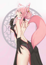 Rule 34 | 1girl, absurdres, animal ears, ass, backless dress, backless outfit, bad id, bad pixiv id, bare shoulders, black gloves, breasts, china dress, chinese clothes, cowboy shot, dress, fang, fang out, fate (series), folded fan, folding fan, fox ears, fox tail, gloves, hair bun, hand fan, highres, koyanskaya (chinese lostbelt outfit) (fate), koyanskaya (fate), long hair, looking at viewer, no panties, orange eyes, pelvic curtain, pink hair, simple background, single hair bun, solo, tagme, tail, tamamo (fate), tight clothes, zhl-