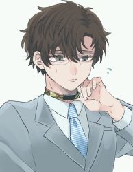 Rule 34 | 1boy, adjusting collar, blue necktie, brown hair, collared shirt, diagonal-striped clothes, diagonal-striped necktie, glasses, grey eyes, grey jacket, hair between eyes, hand up, hayasaka shunsuke, highres, jacket, kimi ga shine, lapels, long sleeves, looking down, male focus, necktie, notched lapels, parted lips, portrait, shirt, short hair, simple background, solo, striped clothes, suit jacket, sweat, uououoon, white background, white shirt