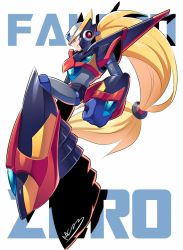 Rule 34 | 1boy, alternate costume, alternate hairstyle, android, armor, artist name, bird, black armor, blonde hair, blue eyes, character name, clenched hand, english text, flying, forehead jewel, full body, gem, glowing, helmet, long hair, looking at side, male focus, mcnr, mega man (series), mega man x (series), shoulder armor, solo, symbol, very long hair, zero (mega man)