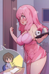 Rule 34 | 1boy, 1girl, babydoll, blush, bra, breasts, brown hair, commission, cup, food, hungry, knocking, lace, large breasts, lingerie, long hair, mug, notebook, panties, pen, pink babydoll, pink hair, pixiv commission, red eyes, sandwich, stroma, sweat, tagme, tea, thighs, tray, underwear