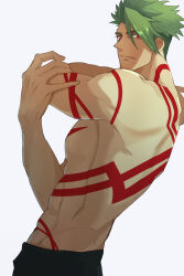Rule 34 | 1boy, abs, achilles (fate), back tattoo, black pants, chest tattoo, closed mouth, fate (series), fingernails, green hair, hair between eyes, haruakira, highres, looking at viewer, male focus, muscular, muscular male, pants, pectorals, red eyes, shoulder tattoo, simple background, solo, stomach tattoo, stretching, tattoo, topless male, undercut, white background