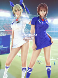 Rule 34 | 2girls, 3d, american football, blonde hair, blue eyes, breasts, brown eyes, brown hair, covered erect nipples, curly hair, dress, flear, incise soul, lace, large breasts, m-rs, multiple girls, ribbon, rukia (incise soul), short hair, smile, soccer, twintails