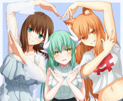 Rule 34 | 3girls, animal ears, arms up, bare shoulders, blush, breasts, brown hair, charlotte corday (fate), cleavage, collarbone, crop top, dragon girl, dragon horns, fate/extra, fate/extra ccc, fate/extra ccc fox tail, fate/grand order, fate (series), fox ears, fox girl, frills, green eyes, green hair, grey shirt, grin, hasebe akira, heart, heart hands, horns, kiyohime (fate), large breasts, long hair, medium breasts, midriff, multiple girls, multiple horns, navel, open mouth, orange eyes, orange hair, shirt, short hair, short sleeves, sidelocks, sleeveless, sleeveless shirt, smile, suzuka gozen (fate), white shirt, yellow eyes