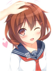 Rule 34 | 10s, 1girl, ;d, bad id, bad pixiv id, blush, brown hair, collarbone, eyebrows, fang, hair ornament, hairclip, hand on another&#039;s head, head pat, headpat, heart, ikazuchi (kancolle), kantai collection, looking at viewer, motion lines, neckerchief, omochi (yuki-hibarigaoka), one eye closed, open mouth, red neckerchief, sailor collar, smile, solo focus, upper body, white background