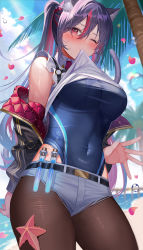 Rule 34 | 1girl, absurdres, amahara subaru, animal ear fluff, animal ears, beach, belt, black belt, black hair, black jacket, blue one-piece swimsuit, blush, braid, breasts, brown pantyhose, cat ears, cat girl, cat tail, clothes in mouth, clothes lift, covered navel, cowboy shot, grey shorts, hair between eyes, highleg, highleg swimsuit, highres, indie virtual youtuber, isonade orca, jacket, large breasts, long hair, looking at viewer, micro shorts, mouth hold, multicolored hair, off shoulder, one-piece swimsuit, one eye closed, pantyhose, red eyes, red hair, shirt, shirt in mouth, shirt lift, shorts, solo, standing, starfish, swimsuit, swimsuit under clothes, tail, test tube, two-tone hair, very long hair, virtual youtuber, wet, white shirt