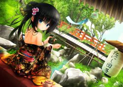 Rule 34 | 1girl, architecture, artist name, back, bare shoulders, black hair, black kimono, blush, breasts, bridge, closed mouth, commentary request, cup, dango, day, dutch angle, east asian architecture, expressionless, floral print, flower, food, grass, hair bun, hair flower, hair ornament, hair over shoulder, highres, holding, holding cup, holding food, japanese clothes, kimono, lantern, long hair, long sleeves, looking at viewer, looking back, medium breasts, nature, off shoulder, original, outdoors, paper lantern, red flower, red sash, river, rock, sanshoku dango, sash, sideboob, single hair bun, solo, steam, straight hair, tanishi (tanishi 0403), tea, teapot, tree, wagashi, wide sleeves