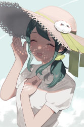Rule 34 | 1girl, :d, closed eyes, clover hair ornament, facing viewer, green hair, hair ornament, hand up, hands up, hat, hat ornament, highres, indie virtual youtuber, long hair, open mouth, seki syrup, short sleeves, simple background, smile, solo, straw hat, sumi suya, sun hat, upper body, virtual youtuber, white background
