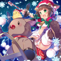 Rule 34 | &gt; &lt;, 1girl, :d, absurdres, animal ears, azur lane, bell, bird, blush, boots, bow, brown footwear, brown hair, candy, candy cane, capelet, cat ears, chick, commentary request, dress, ears through headwear, fang, food, frilled dress, frills, fur-trimmed boots, fur-trimmed capelet, fur-trimmed headwear, fur trim, green bow, green eyes, green ribbon, hair bow, hat, highres, holding, kokka han, looking away, mutsuki (azur lane), mutsuki (mr. reindeer depart!) (azur lane), open mouth, outstretched arm, panties, pink panties, pom pom (clothes), red bow, red capelet, red hat, reindeer, ribbon, rocking horse, sack, santa costume, santa hat, short twintails, sitting, smile, snowflakes, solo, striped bow, striped ribbon, thighhighs, twintails, underwear, white dress, white thighhighs, wrist cuffs
