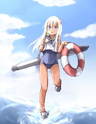 Rule 34 | 10s, 1girl, baram, blonde hair, blue eyes, crop top, flower, hair flower, hair ornament, highres, kantai collection, lifebuoy, long hair, one-piece swimsuit, one-piece tan, ro-500 (kancolle), running, sailor collar, school swimsuit, solo, swim ring, swimsuit, swimsuit under clothes, tan, tanline, torpedo