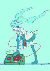 Rule 34 | 1girl, aqua background, aqua hair, aqua necktie, blush stickers, boots, breast pocket, collared shirt, detached sleeves, food, from side, glitch, grey shirt, hatsune miku, headset, highres, holding, holding food, holding spring onion, holding vegetable, kotokiyou, long hair, necktie, number tattoo, open mouth, pleated skirt, pocket, shirt, shoulder tattoo, skirt, solo, speaker, spring onion, stepping, tattoo, thigh boots, vegetable, vocaloid
