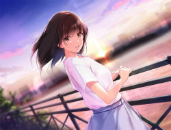 Rule 34 | 1girl, blue skirt, brown eyes, brown hair, commentary request, looking at viewer, medium hair, nayuta69, original, parted lips, shirt, shirt tucked in, short sleeves, skirt, smile, solo, sunset, white shirt