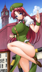Rule 34 | 1girl, beret, blue eyes, blush, braid, breasts, china dress, chinese clothes, clock, clock tower, cloud, dress, elizabeth tower, female focus, fighting stance, happy, hat, henshako, hong meiling, korean text, large breasts, legs, long hair, looking at viewer, martial arts, no bra, panties, red hair, shiny skin, side-tie panties, sky, smile, solo, taut clothes, touhou, tower, translation request, twin braids, underwear