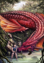 Rule 34 | 1girl, :t, annoyed, boots, brown hair, claws, dragon, fins, fish, fishing, forest, girl and dragon, highres, nature, okita, pout, river, scales, short hair, signature, wings