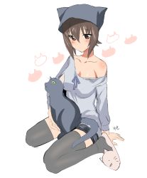 Rule 34 | 10s, 1girl, animal hat, animal print, arm support, black cat, black hat, black shorts, black thighhighs, blue shirt, brown eyes, brown hair, casual, cat, cat hat, cat print, cat slippers, closed mouth, full body, girls und panzer, hat, long sleeves, looking at viewer, nishizumi maho, off shoulder, saikawa yusa, shirt, short hair, short shorts, shorts, simple background, sitting, sketch, slippers, solo, thighhighs, wariza, white background