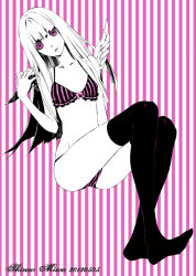 Rule 34 | 1girl, black thighhighs, blunt bangs, bra, dogs: bullets &amp; carnage, long hair, mini wings, miwa shirow, nill, no shoes, panties, partially colored, pink eyes, solo, striped bra, striped clothes, striped panties, thighhighs, underwear, underwear only, vertical-striped bra, vertical-striped clothes, vertical-striped panties, wings