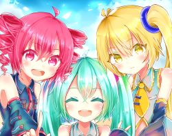 Rule 34 | 3girls, akita neru, aqua hair, bare shoulders, blonde hair, blue sky, blush, cloud, cloudy sky, commentary, crossover, day, detached sleeves, drill hair, expressionless, closed eyes, hair ornament, hairband, hatsune miku, highres, index finger raised, kasane teto, long hair, looking at viewer, multiple girls, necktie, ponytail, red eyes, red hair, shirt, short hair, sky, sleeveless, sleeveless shirt, sleeves past fingers, sleeves past wrists, smile, triple baka (vocaloid), twintails, upper body, utau, v, vocaloid, xaruex, yellow neckwear