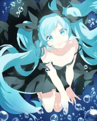Rule 34 | 1girl, air bubble, bare arms, bare shoulders, black dress, black ribbon, blue eyes, blue hair, bubble, dress, enma614 (patidonn), fingernails, floating, floating hair, full body, hair ribbon, happy, hatsune miku, head tilt, long hair, looking at viewer, no bra, outstretched arms, ribbon, shinkai shoujo (vocaloid), smile, solo, submerged, twintails, underwater, very long hair, vocaloid