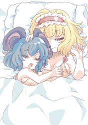 Rule 34 | 1boy, 2girls, alice margatroid, animal ears, bed, blonde hair, bra, grabbing another&#039;s breast, breasts, closed mouth, commentary request, cookie (touhou), frilled hairband, frills, grabbing, grey hair, groping, hairband, ichigo (cookie), medium breasts, mouse ears, mouse girl, multiple girls, nazrin, nyon (cookie), open mouth, pillow, pink bra, red hairband, shared blanket, short hair, sleeping, touhou, tsuzuchii, under covers, underwear, upper body, yuri